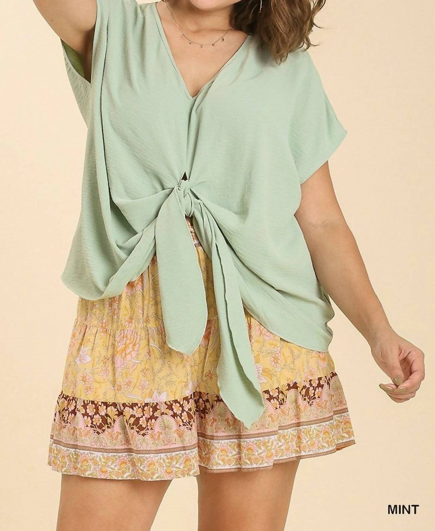 Umgee - Cap Sleeve Twist Front V-neck Top - Plus