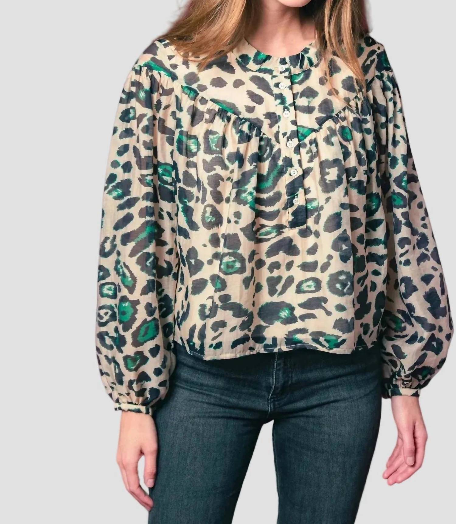 THE SHIRT Logan Long Sleeve Shirt in green leopard - women's long sleeve top