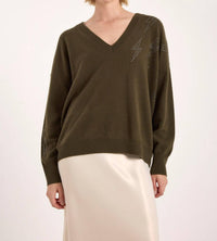 Brodie Cashmere Hazel Hot Fix Bolt V Neck Sweater in khaki - women's sweater