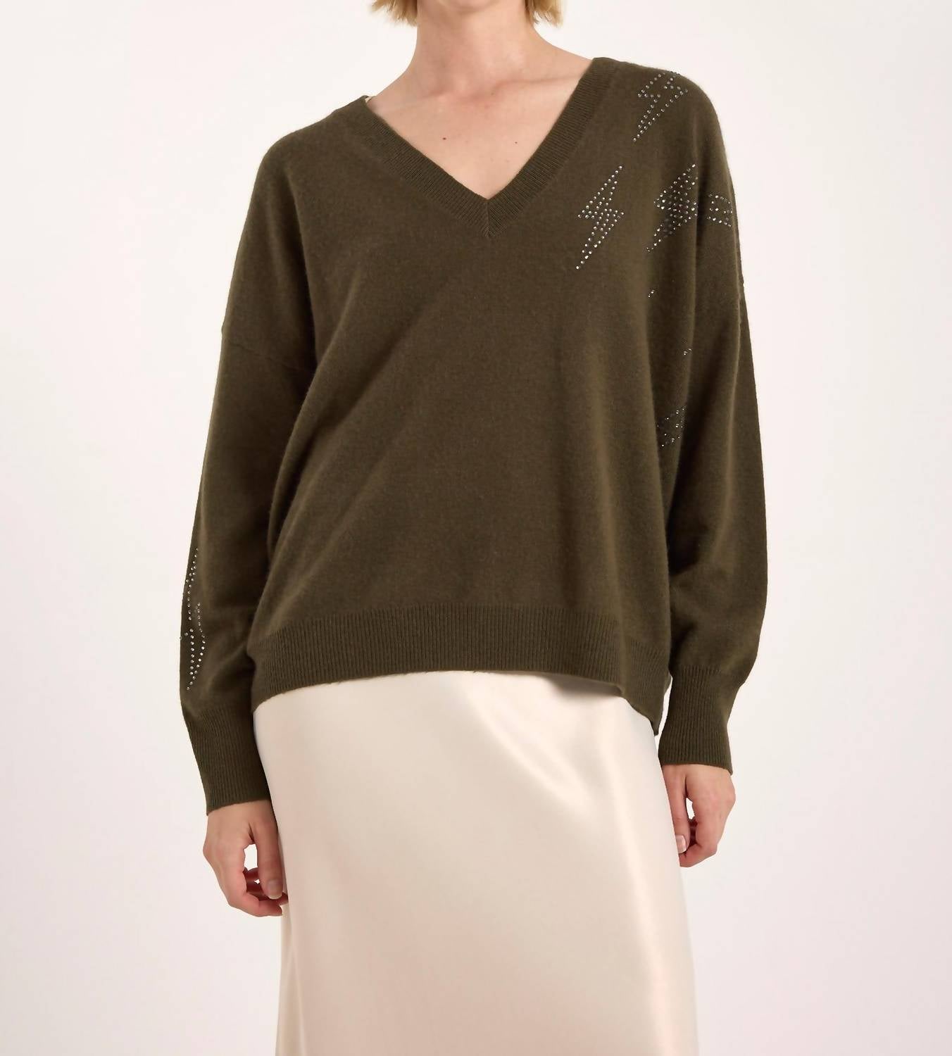 Brodie Cashmere Hazel Hot Fix Bolt V Neck Sweater in khaki - women's sweater