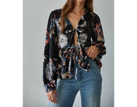 By Together Woven Floral Print V Neck Tie Front Top in black multi - women's blouse