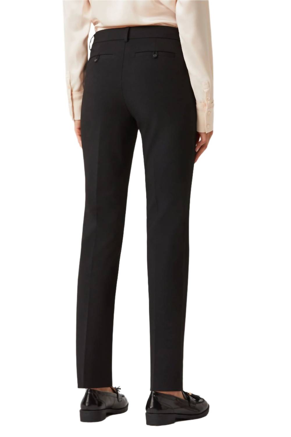 Ecru - Women's Mid Waist Hook Button Zip Closure Belt Hoop Straight Solid Crepe Pants