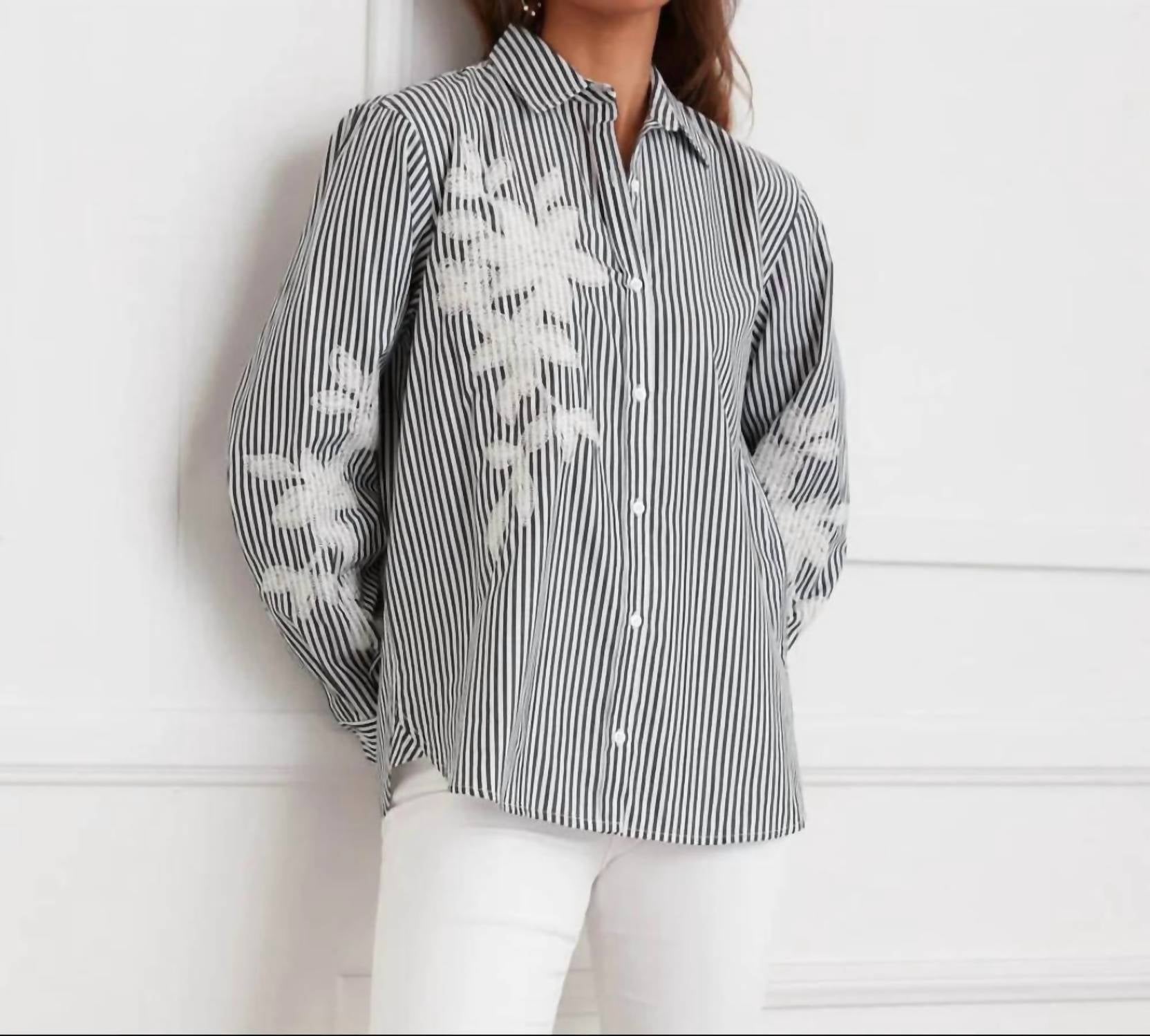 Karen Kane - Long Sleeve Stripe Embroidered Shirt