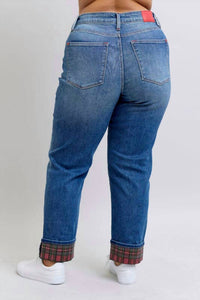 Judy Blue - Midrise Plaid Print Cuff Boyfriend Jeans - Plus