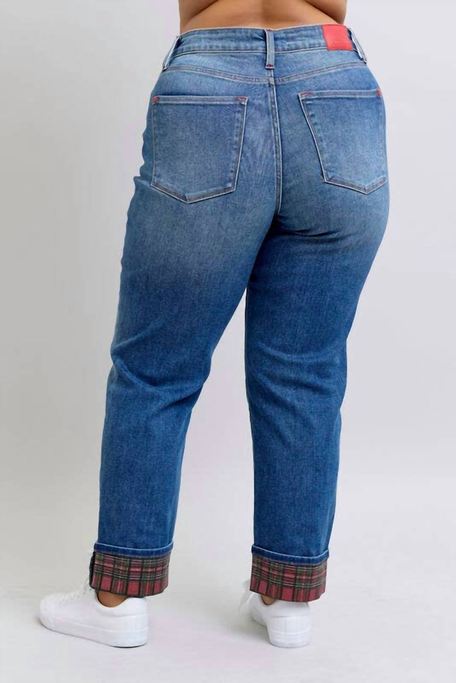 Judy Blue - Midrise Plaid Print Cuff Boyfriend Jeans - Plus