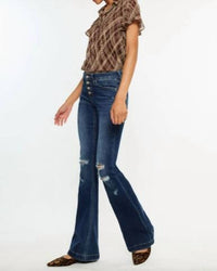 Kancan - Mid Rise Button Up Distressed Flare Jeans