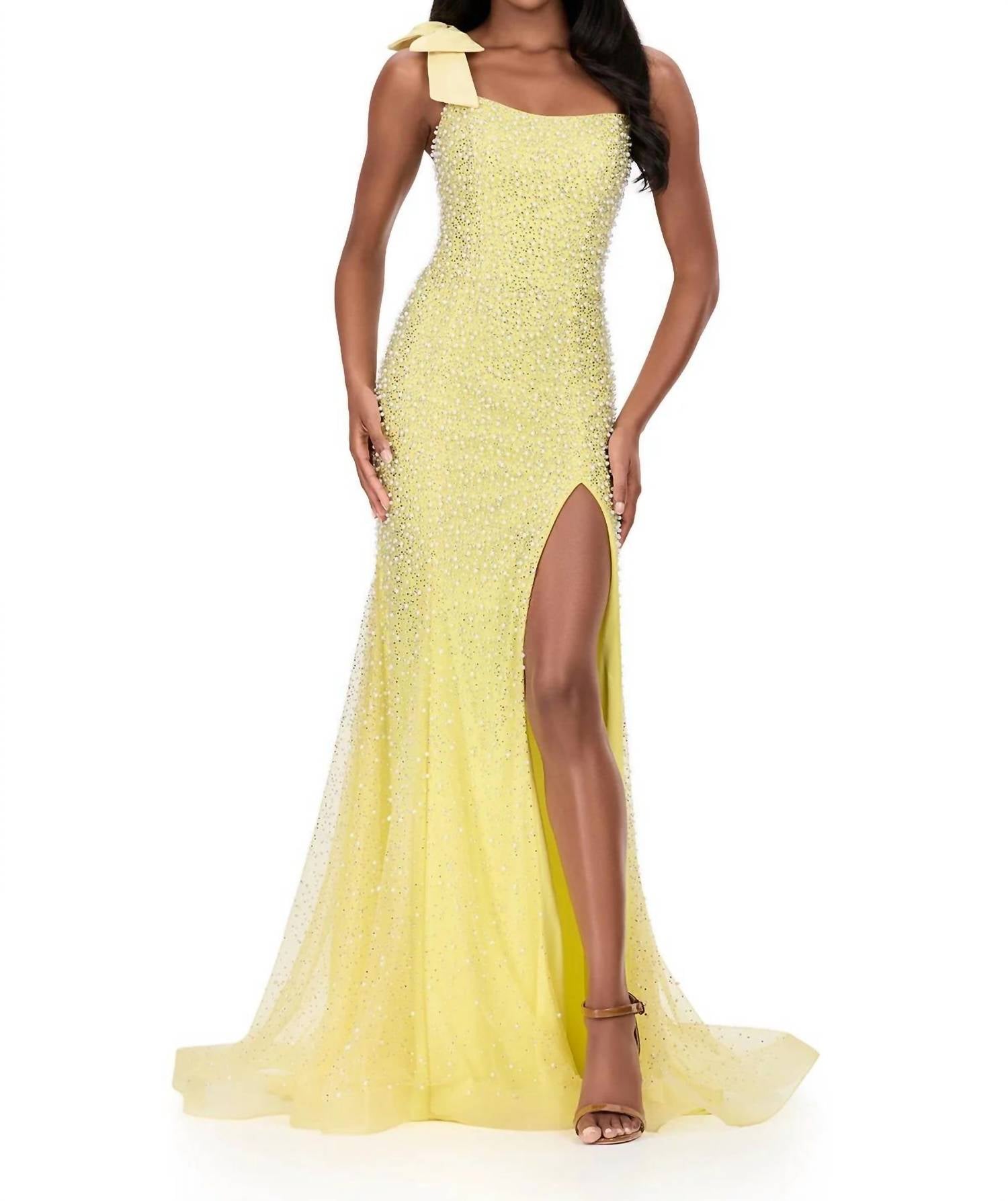 ASHLEYlauren Tulle Dress With One Shoulder Strap in yellow - women's dress