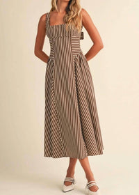 Klesis - Striped Back Buckle Piping Detail Midi Dress