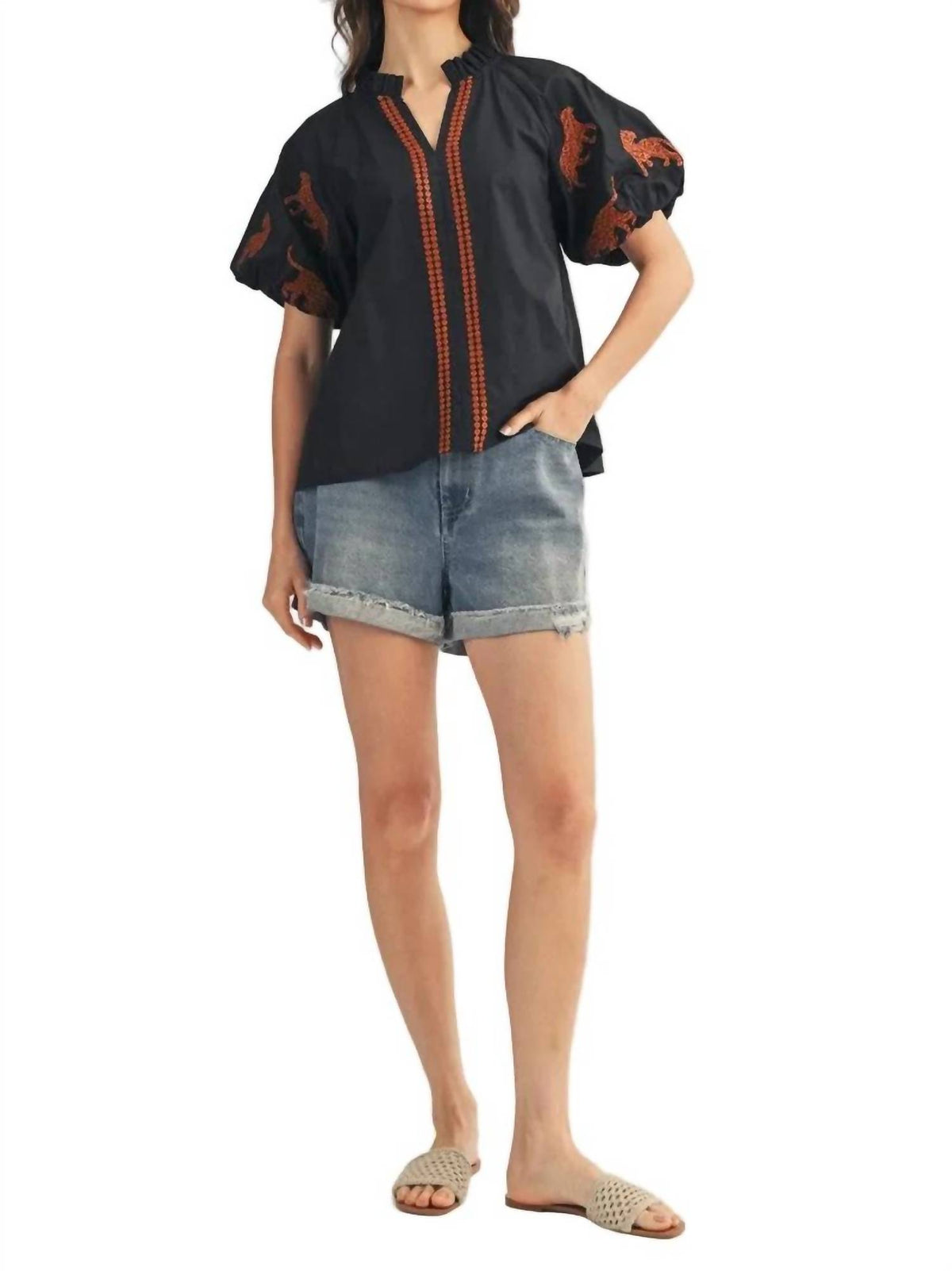 Jodifl - Tiger Embroidery Accent Top