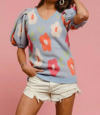Bibi - Floral Pattern Puff Sleeves V-neck Sweater