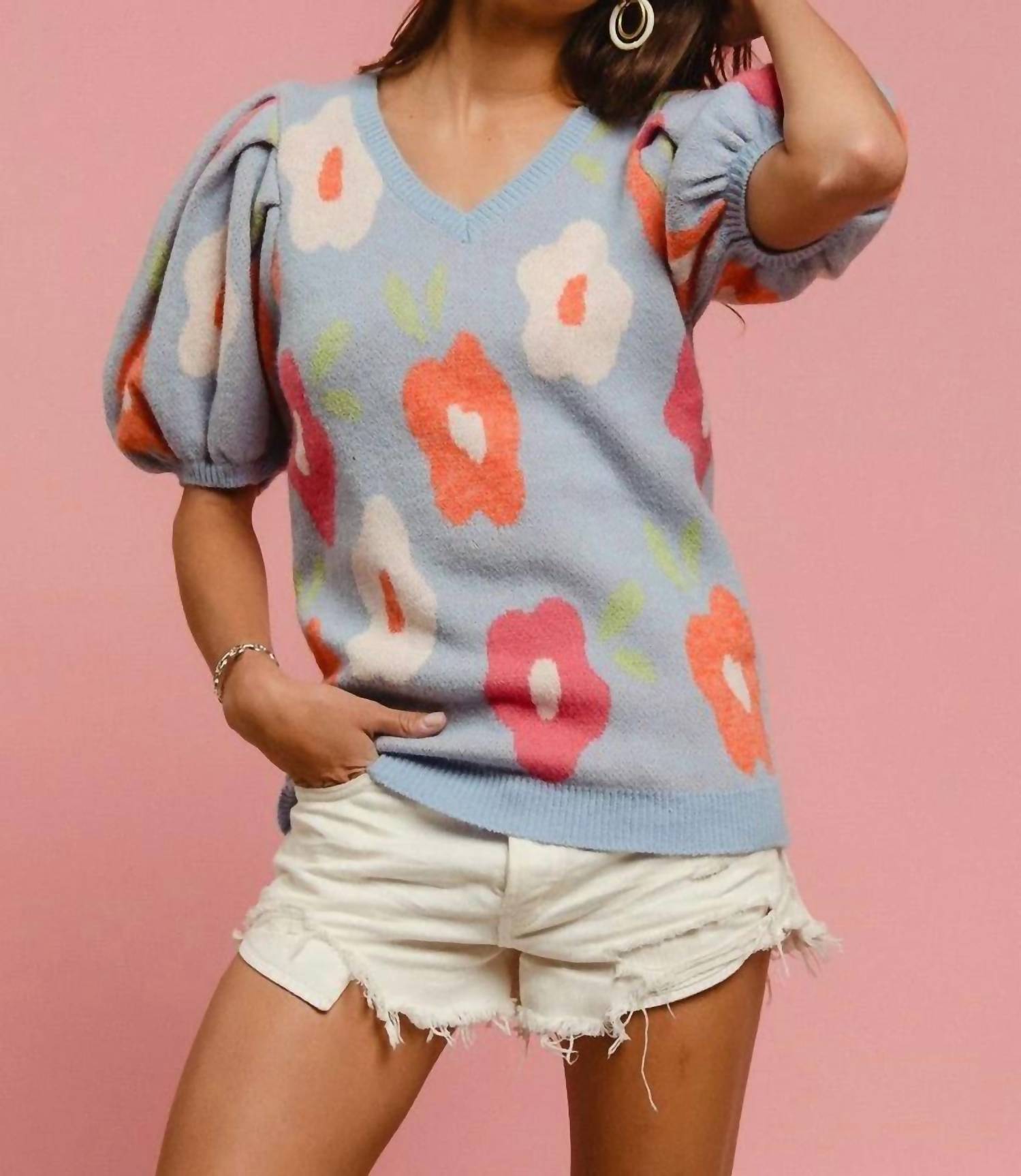 Bibi - Floral Pattern Puff Sleeves V-neck Sweater