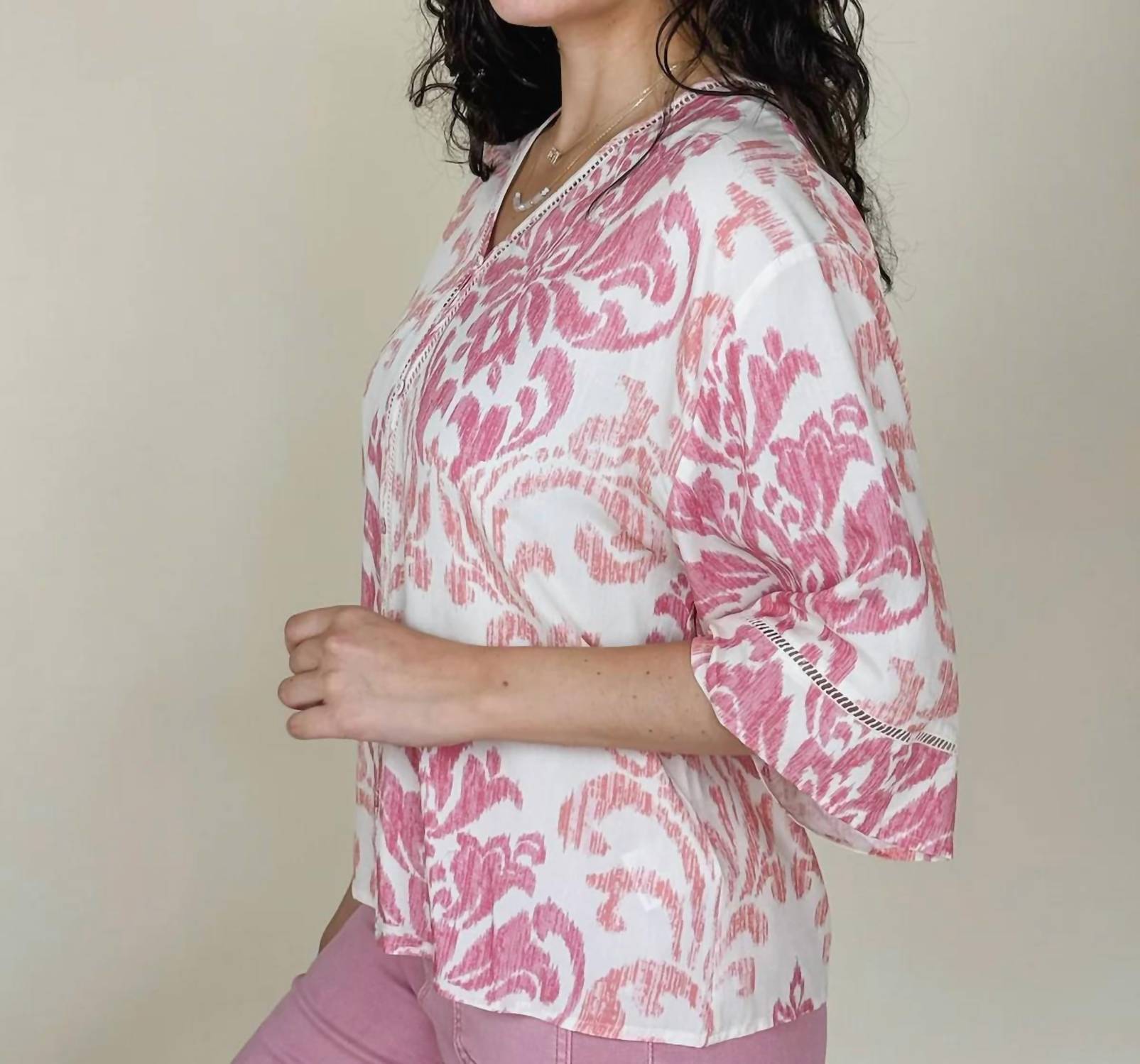 Charlie B - Printed Wide Elbow Sleeve V-neck Blouse