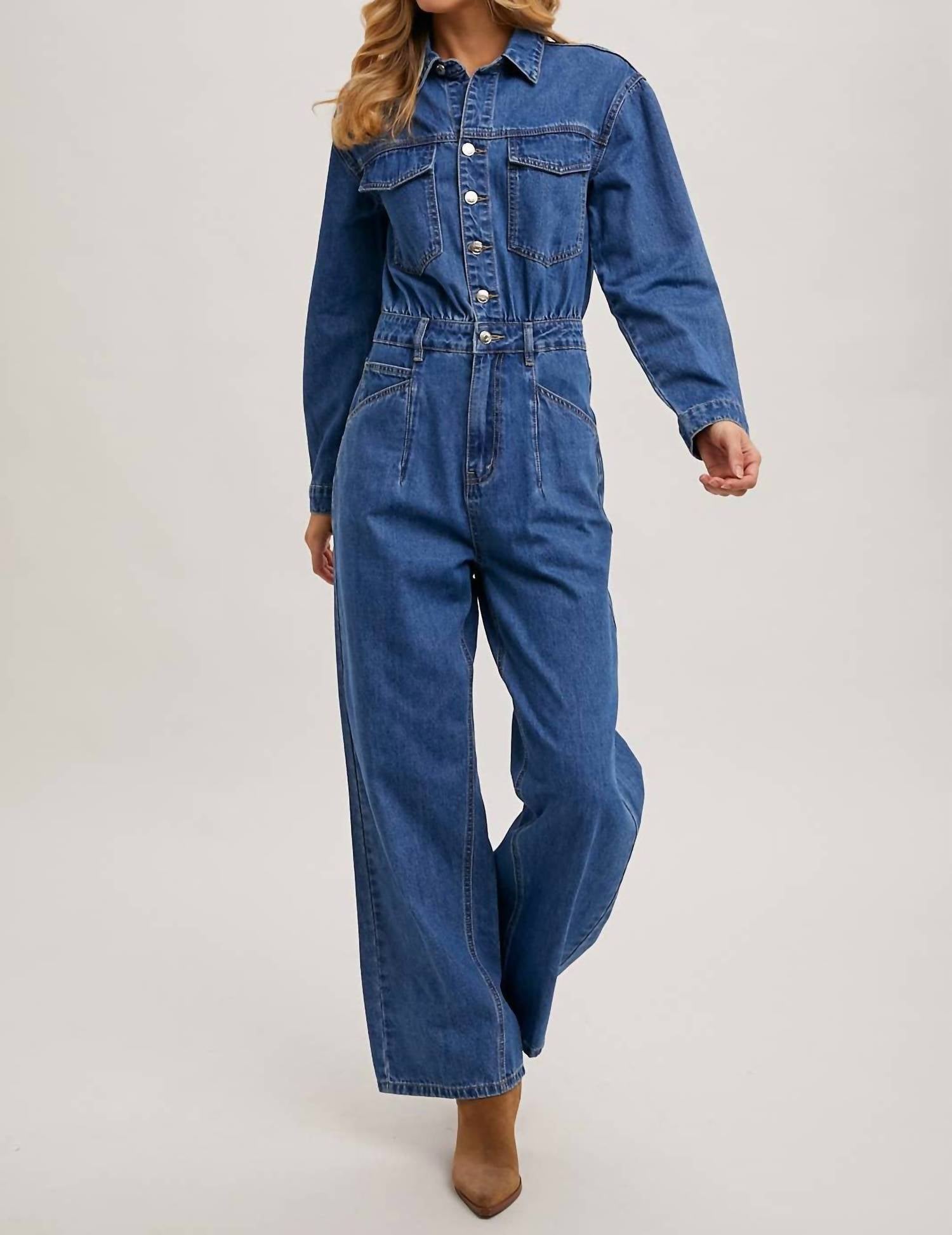 Bluivy - Button Down Denim Straight Leg Jumpsuit