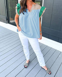 Lovesoft - Colorblock Ruffled Sleeve Frill V-neck Blouse