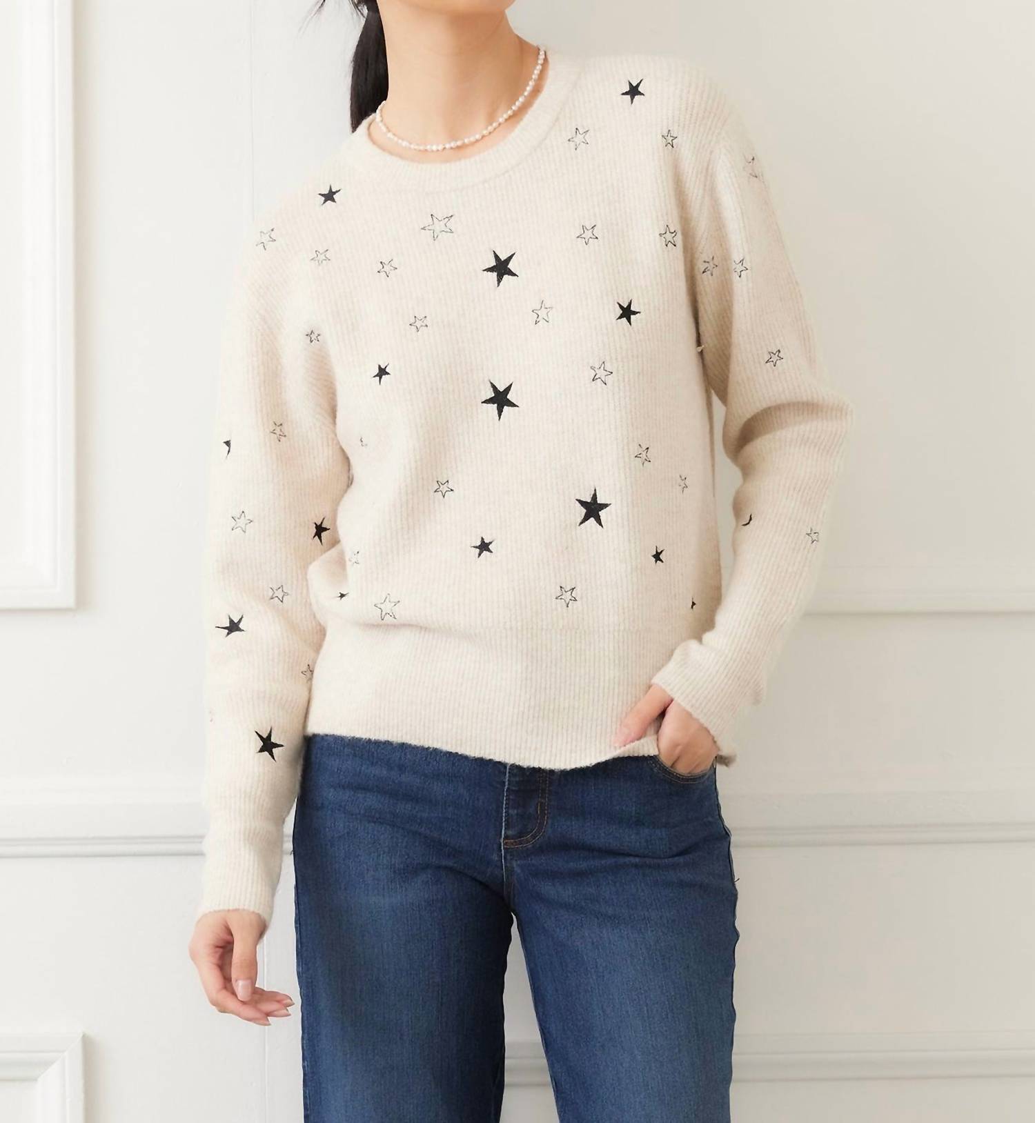 Karen Kane Embroidered Stars Sweater in oatmeal - women's sweater