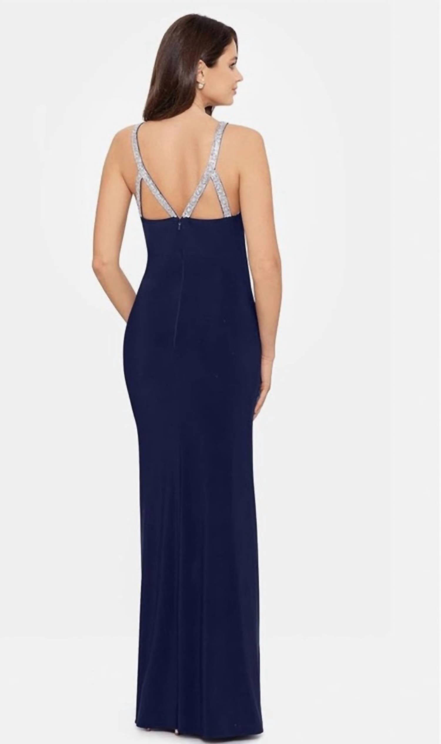 Betsy & Adam - Long Halter Neck Sleeveless Gown With Rhinestone Straps