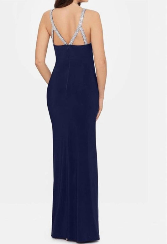 Betsy & Adam - Long Halter Neck Sleeveless Gown With Rhinestone Straps