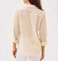 Lilly Pulitzer Sea View Button Down Top in wicker tan ltwt oxford stripe - women's shirt - detail view