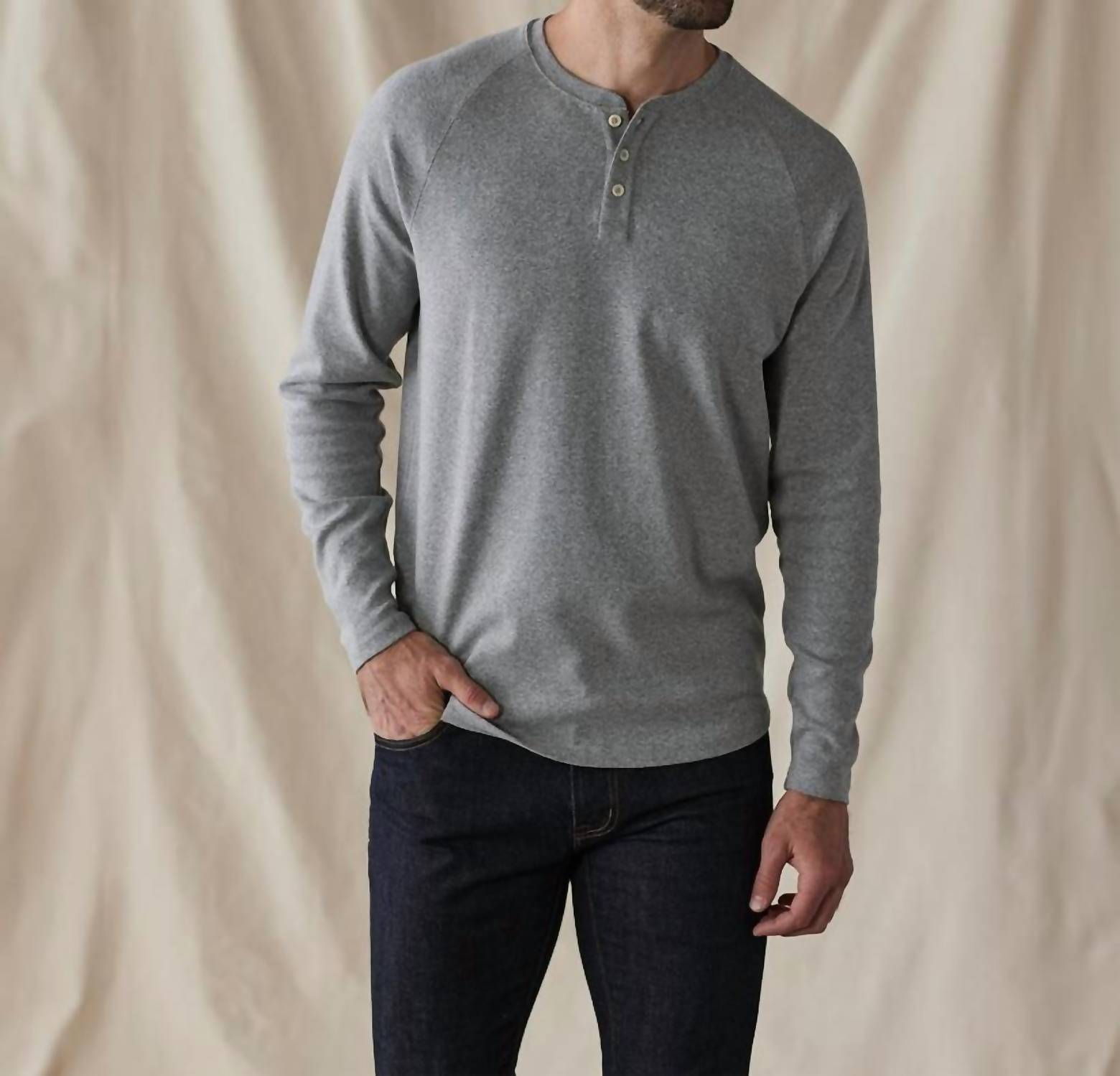 The Normal Brand Puremeso Everyday Henley Tee in athletic grey - men's long sleeve top - detail view