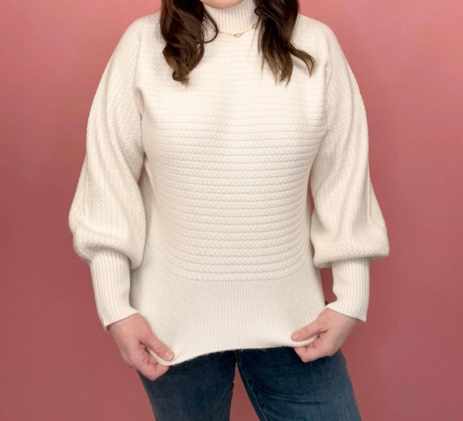 Apricot - Women's High Neck Cable Sweater