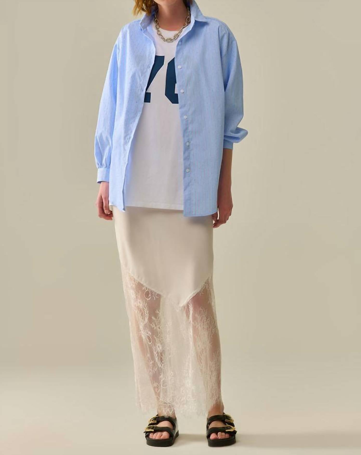 Q2 Striped Poplin Shirt With Strass Detail in blue - women's shirt