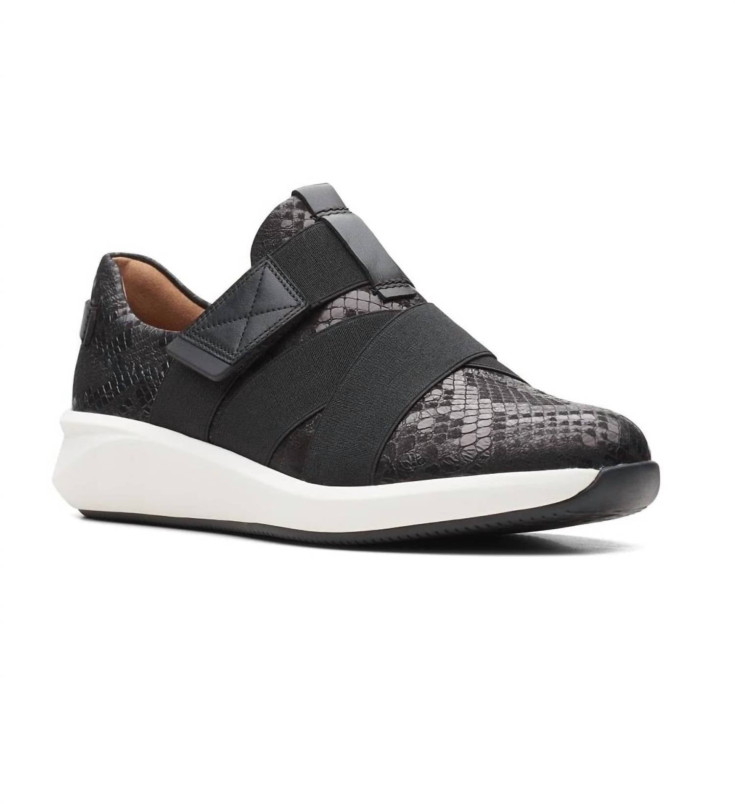 Clarks Women's Un Rio Strap Sneaker in black snake - women's sneaker