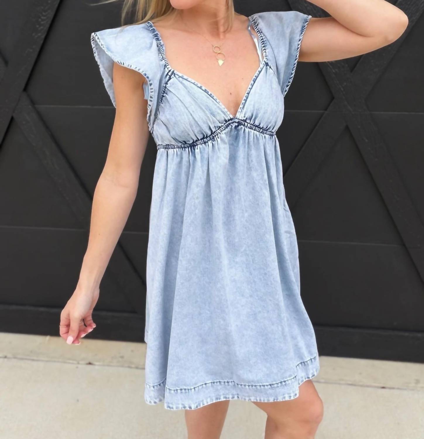 Blue B. Collection - Washed High Ruffle Sleeve Mini Dress