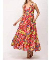 Fate - fruit motif print cotton voile floral trimmed maxi dress