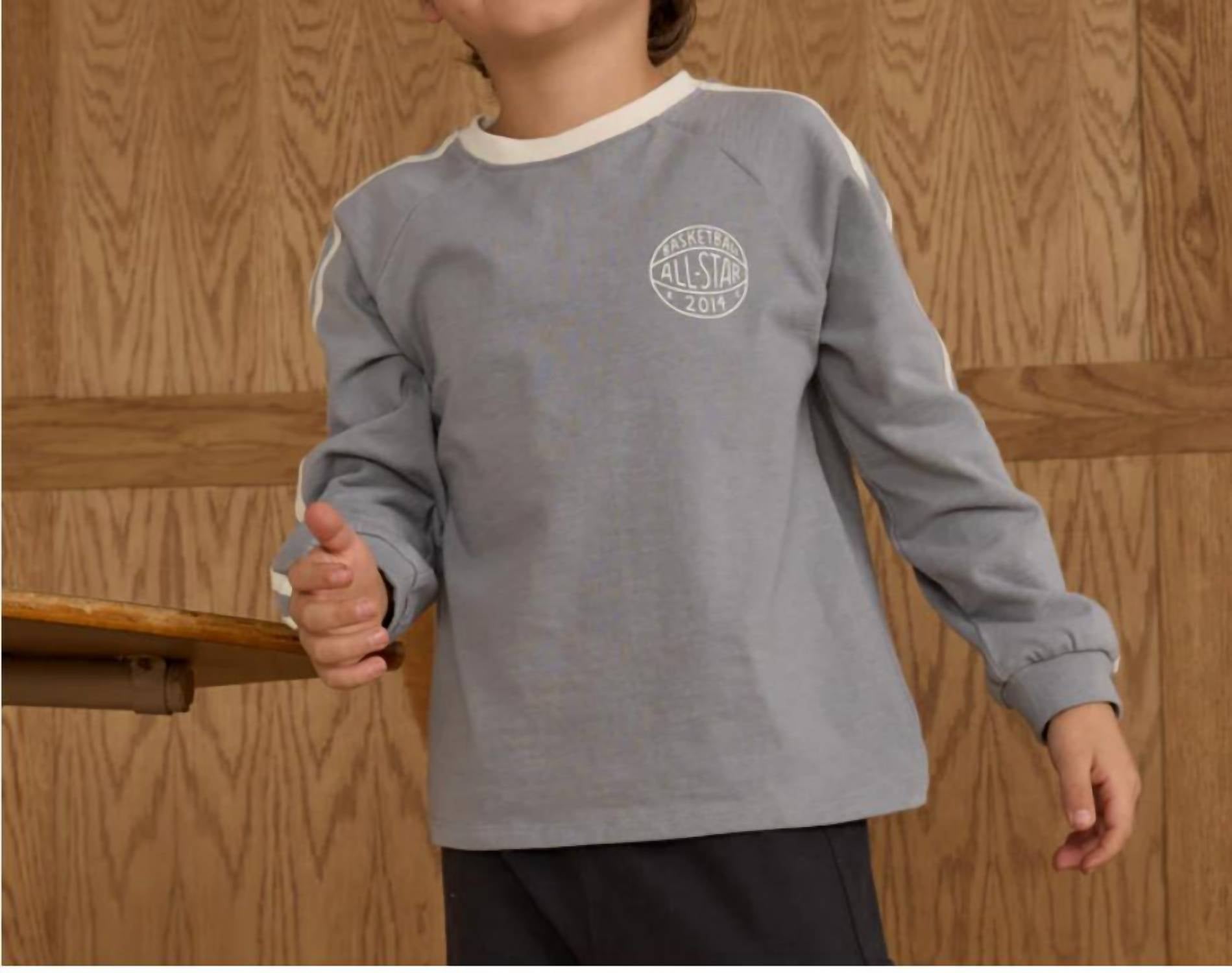 Rylee + Cru Boy's Jersey Long Sleeve Tee in dusty blue - kids' long sleeve top - detail view