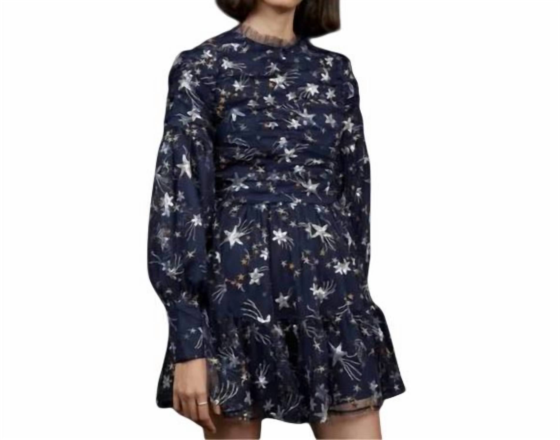 SISTER JANE Shooting Star Embroidered Long Sleeve Mini Dress in navy - women's dress