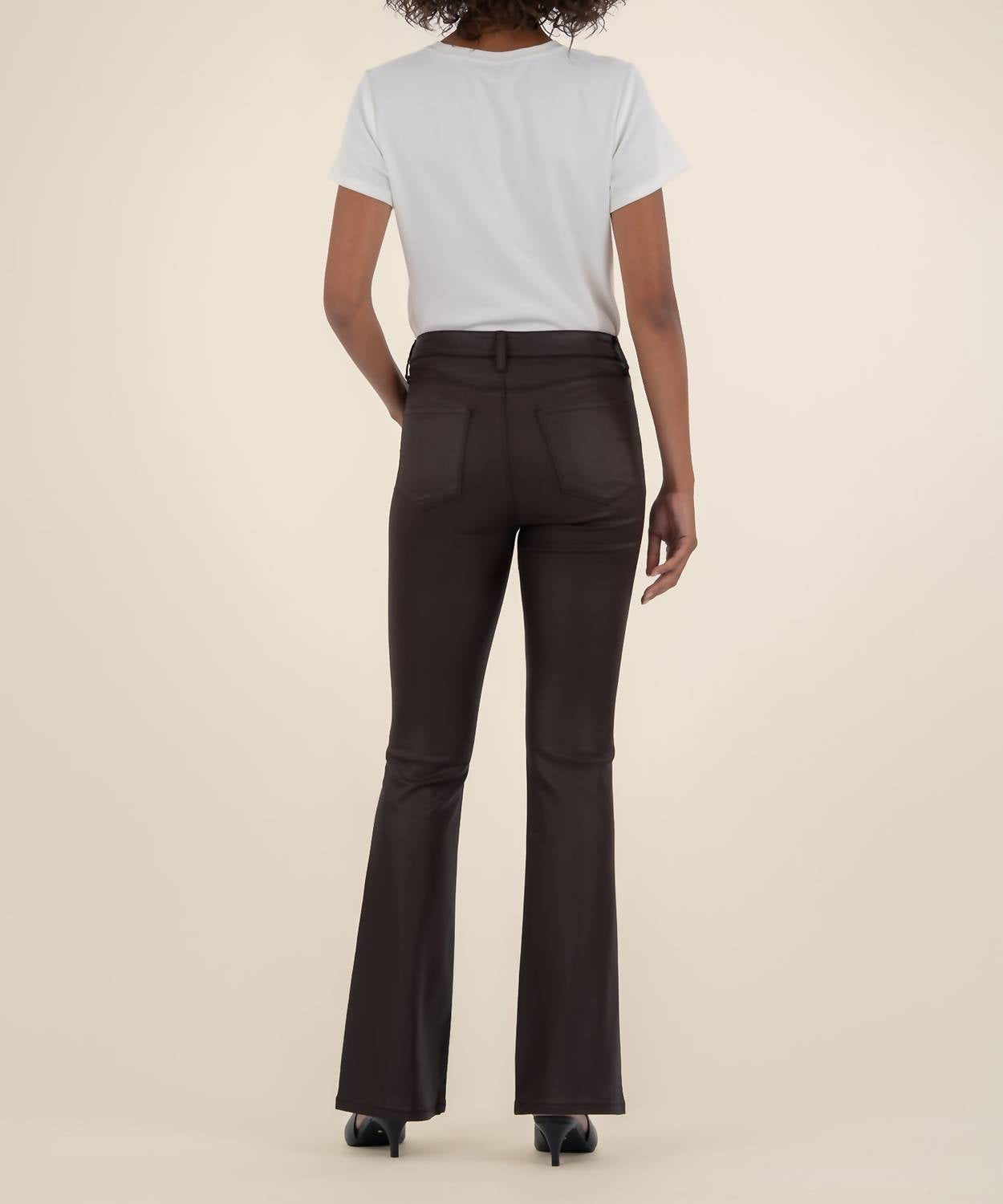 KUT FROM THE KLOTH Ana Coated High Rise Fab Ab Flare Jeans in chocolate - women's jeans - detail view