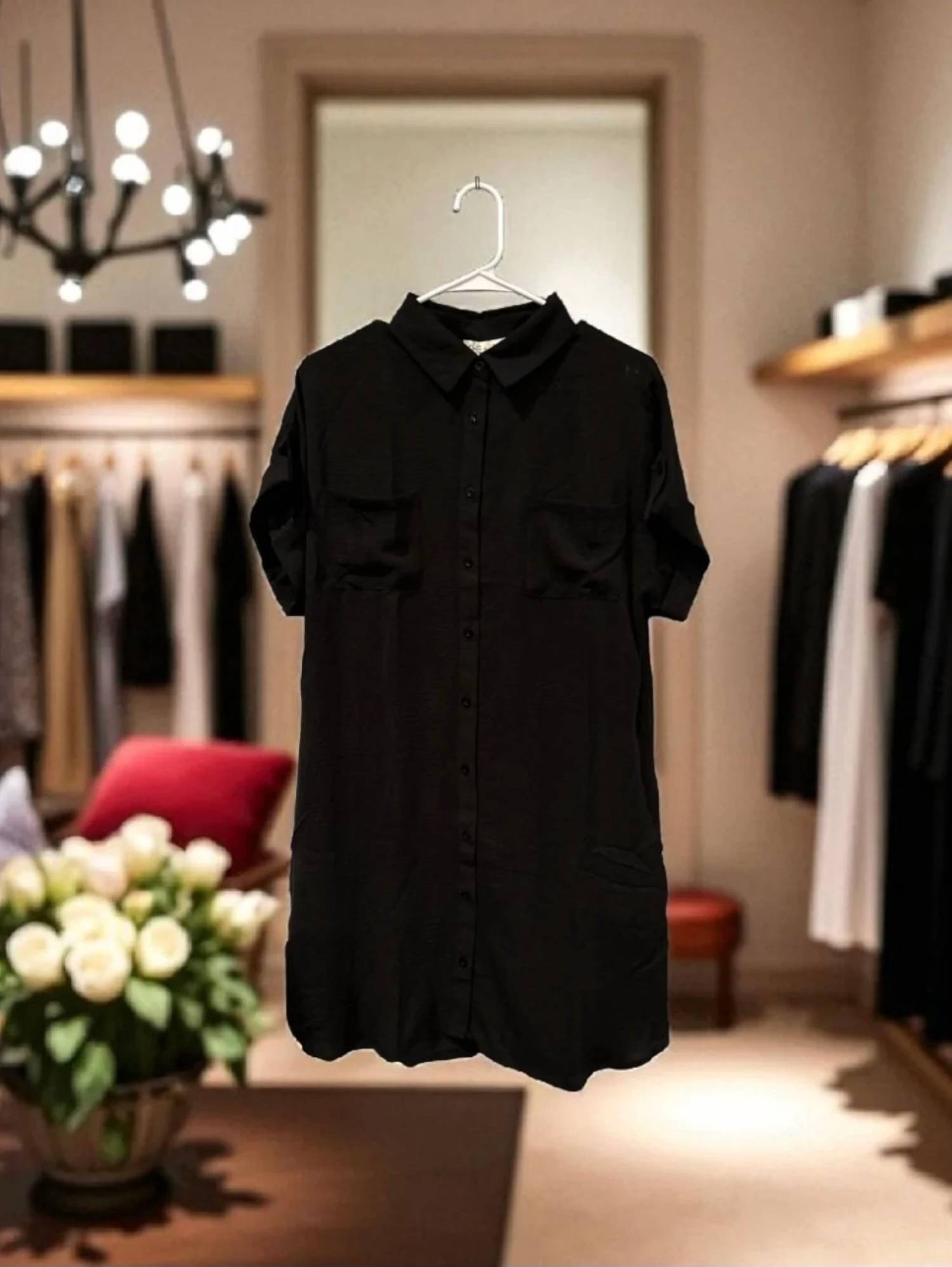 She + Sky - Hand Pockets With Cuffed Sleeves Dress
