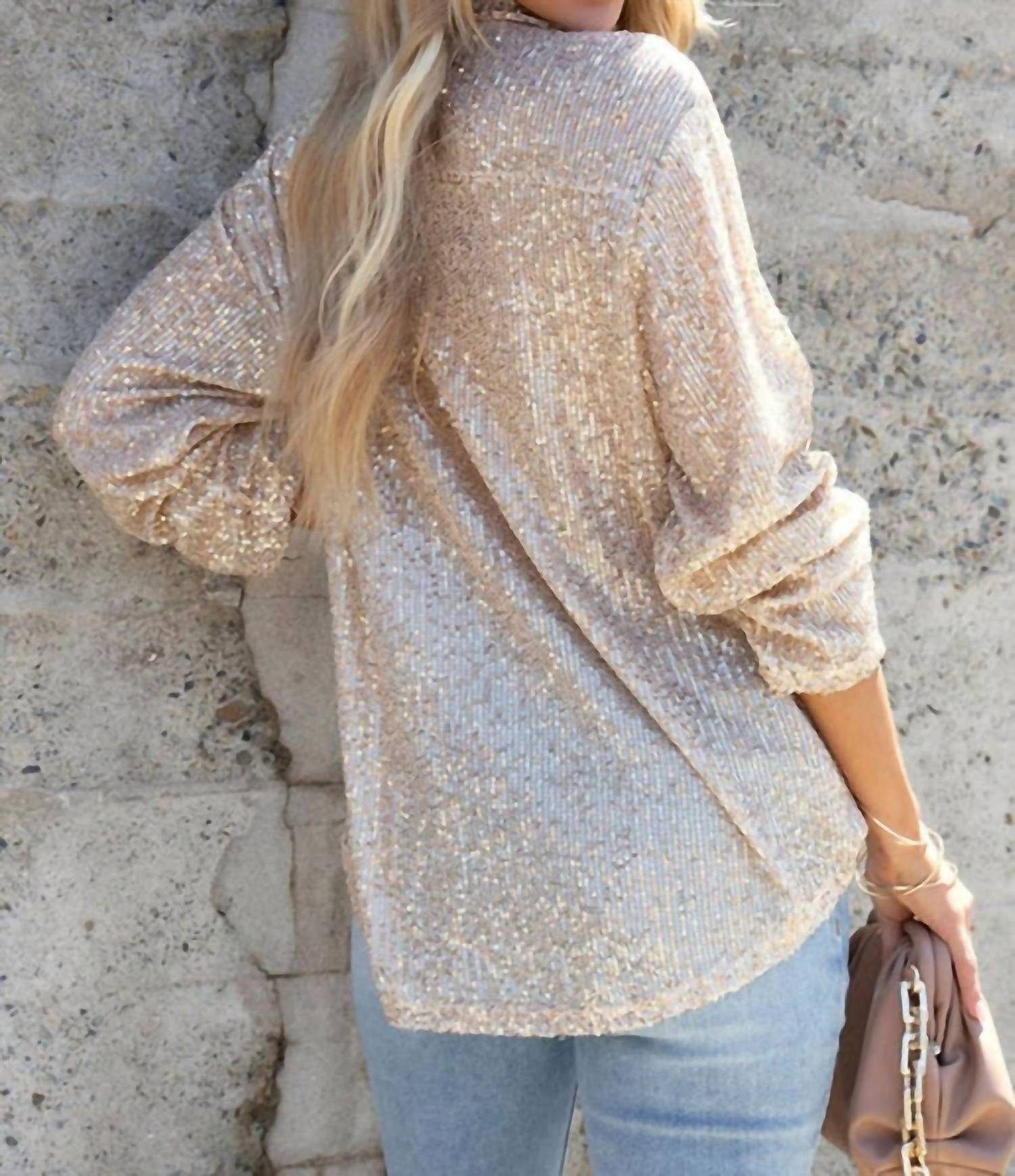 Full Time Purchase Luxe Sequin Collared Buttoned Shirt in gold - women's shirt - detail view