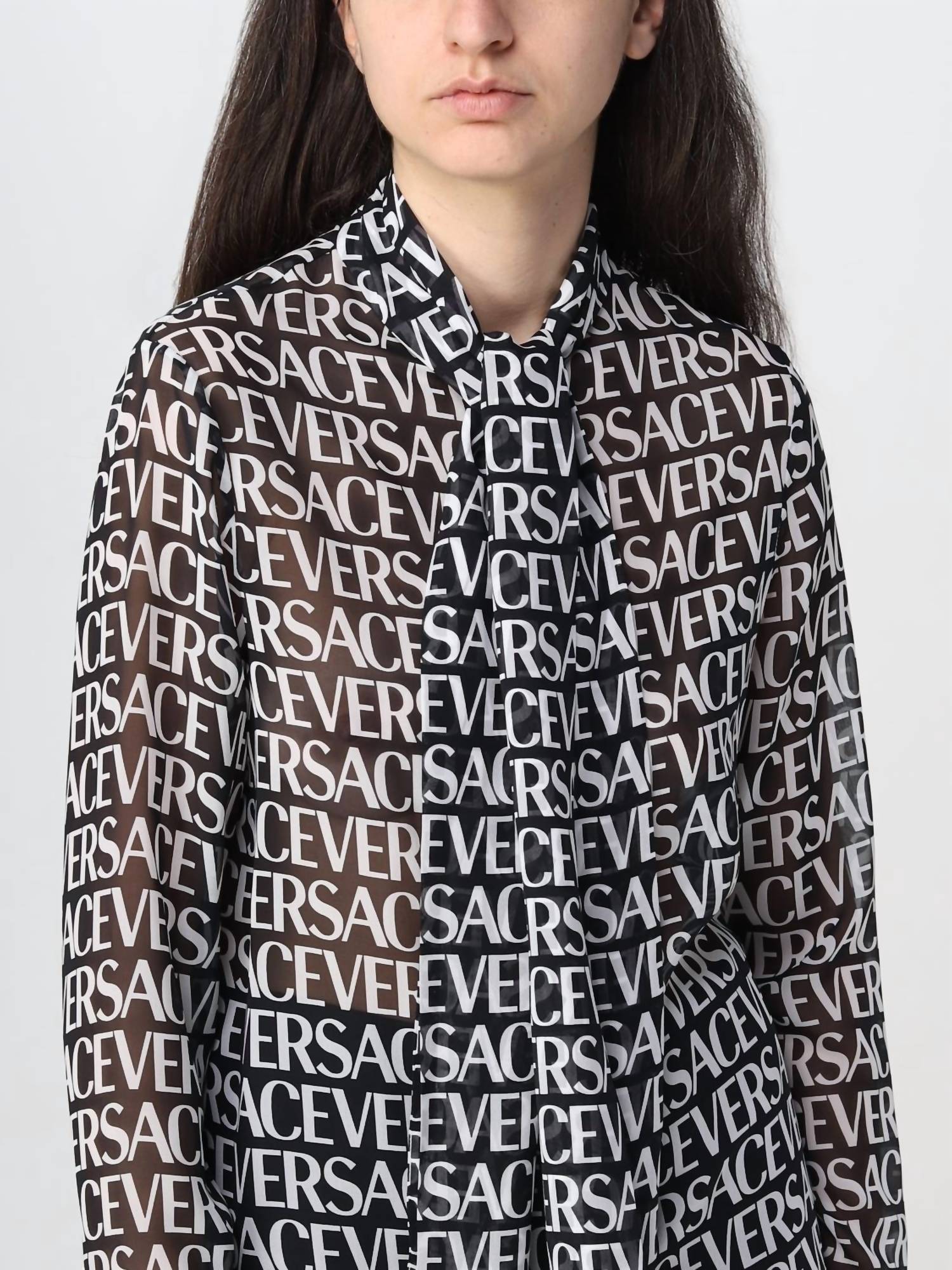 Versace - All-over Logo Bow Strap Silk Blouse
