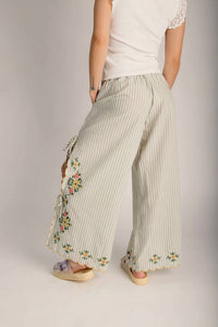 Miou Muse - Floral Embroidery Striped Pant