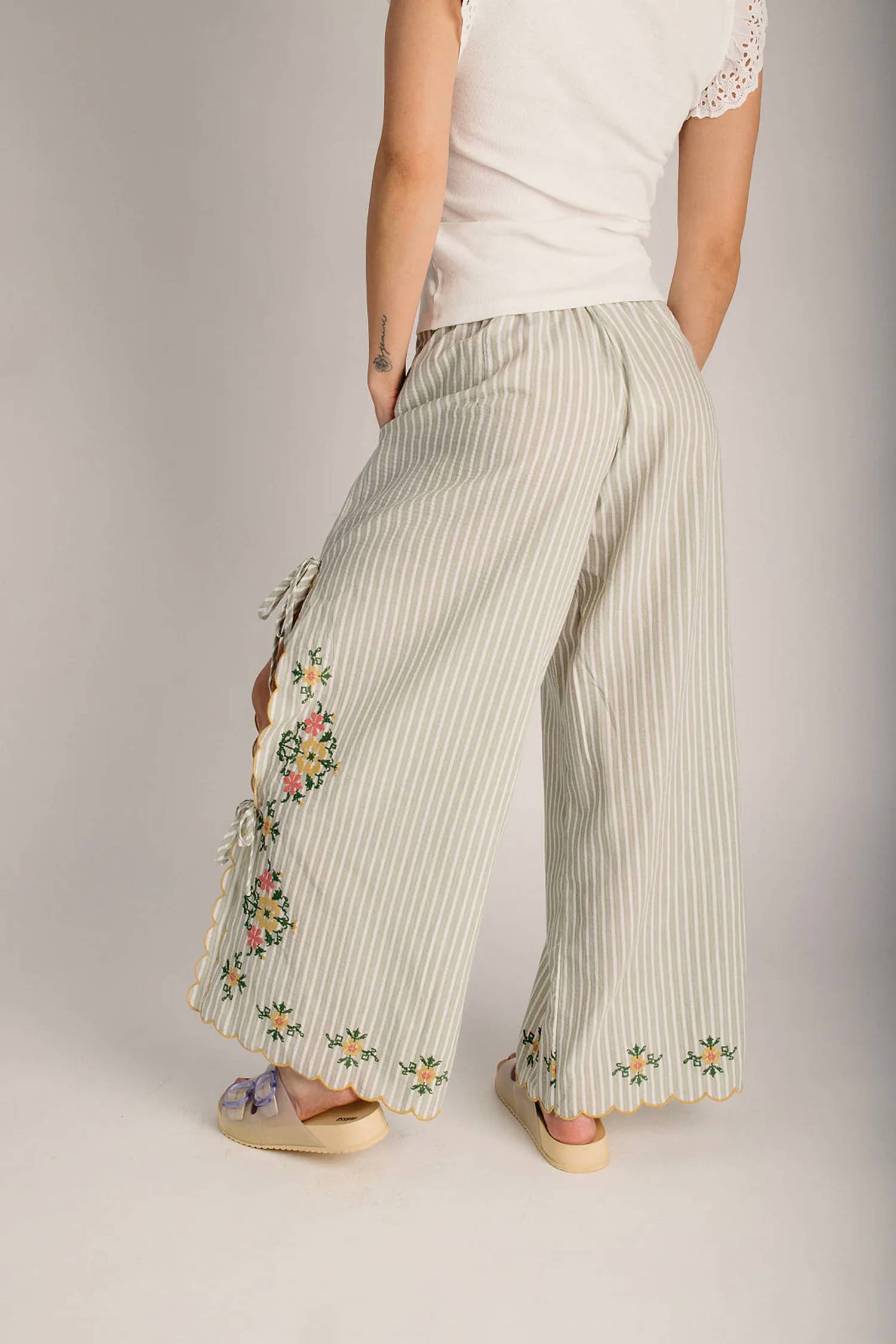 Miou Muse - Floral Embroidery Striped Pant