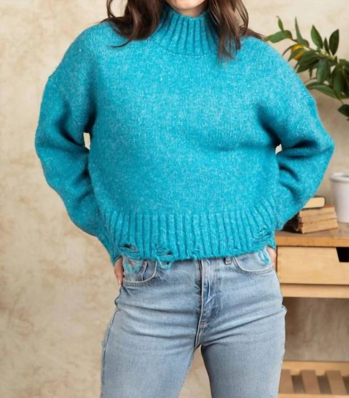 Fashion District La - Long Sleeve Mock Neck Distressed Sweater