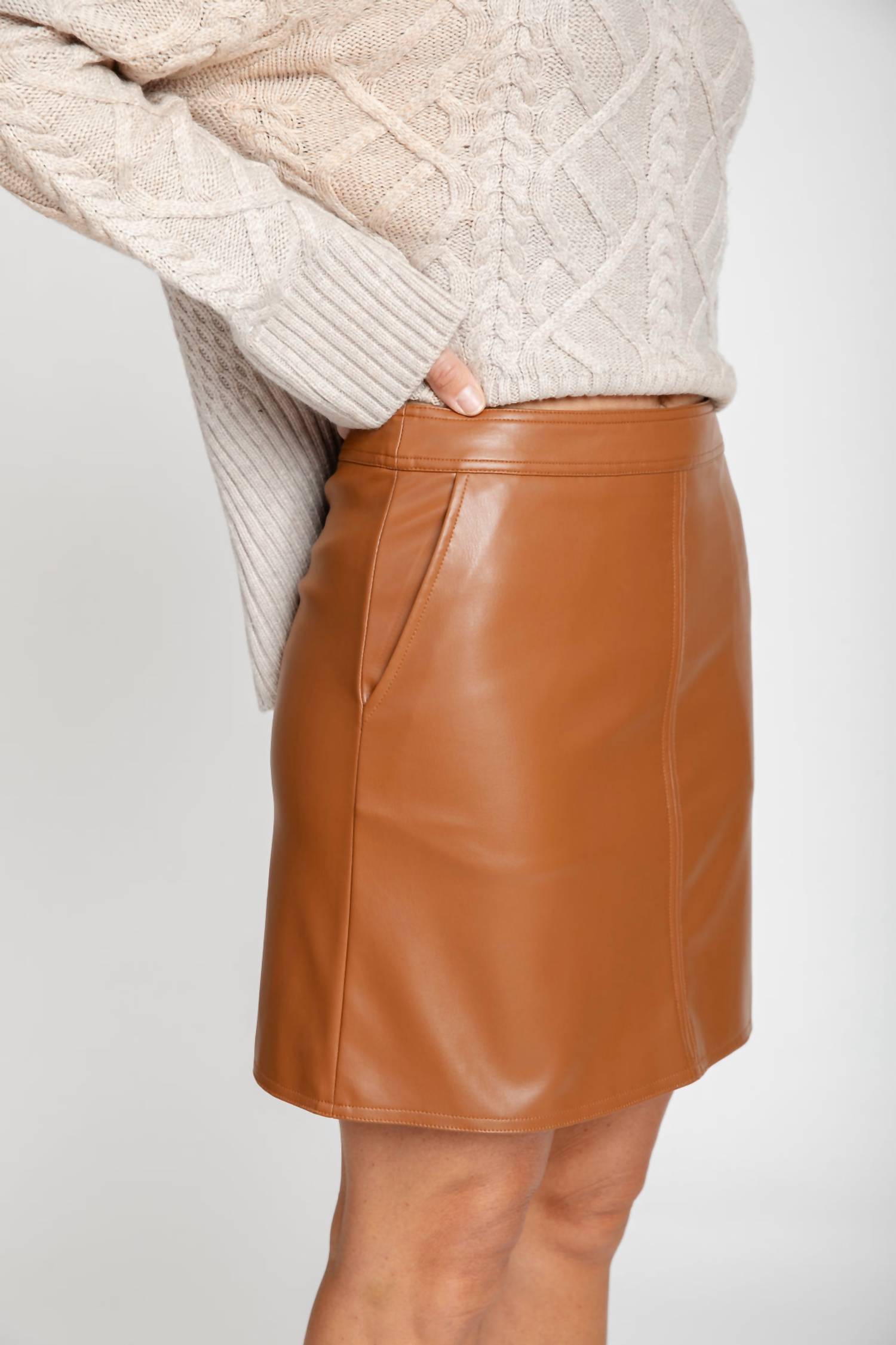 The Burgess Collection Women's Leather Mini Skirt in carmel - women's skirt - alternate view