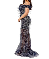 Terani Couture Off Shoulder A-line Feathered Sheer Skirt Long Dress in navy - women's dress - detail view