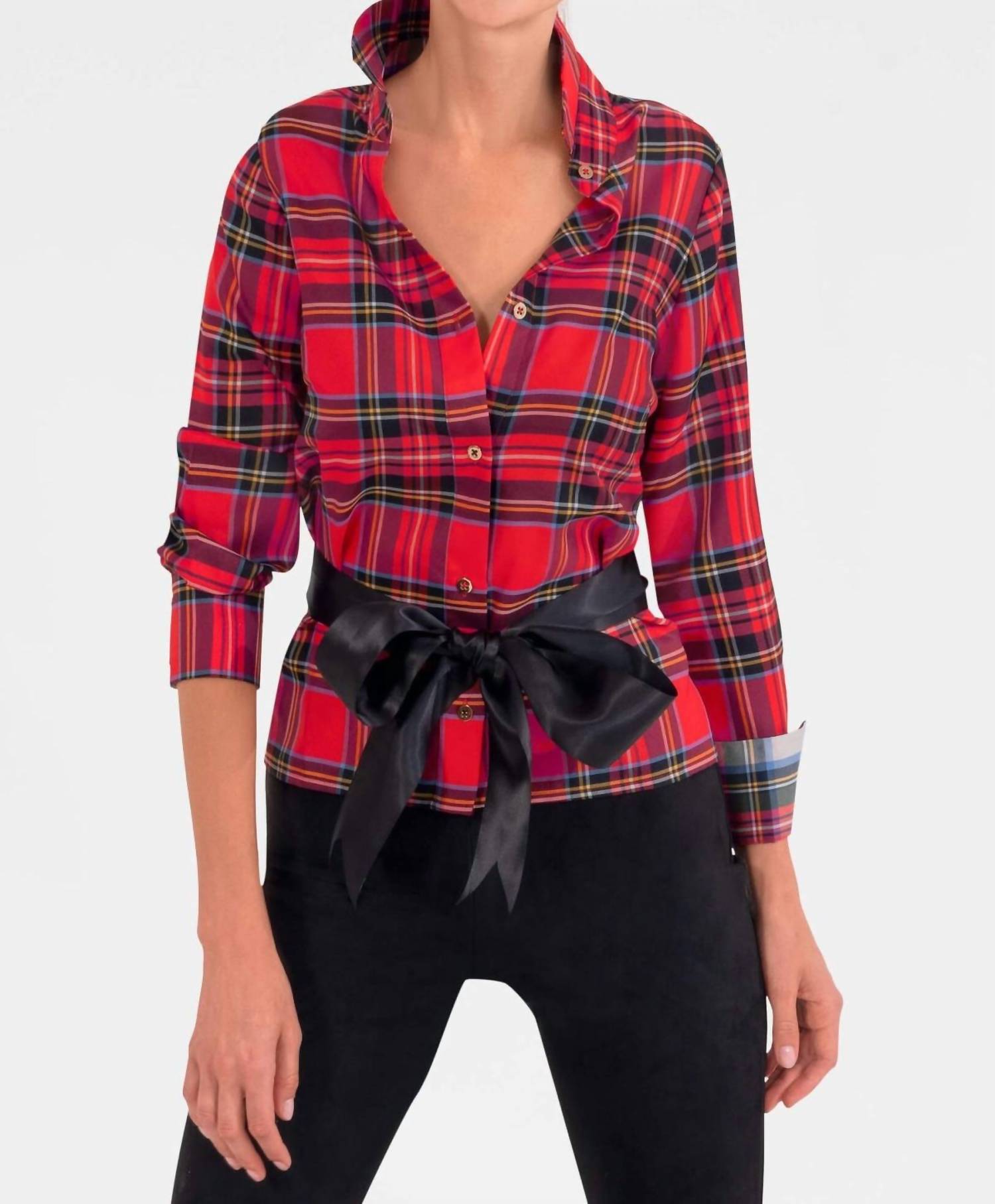 GRETCHEN SCOTT Plaid Button Down Top in red - women's long sleeve top