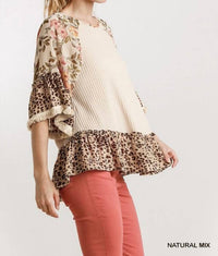 Umgee - Floral & Animal Waffle Knit Top