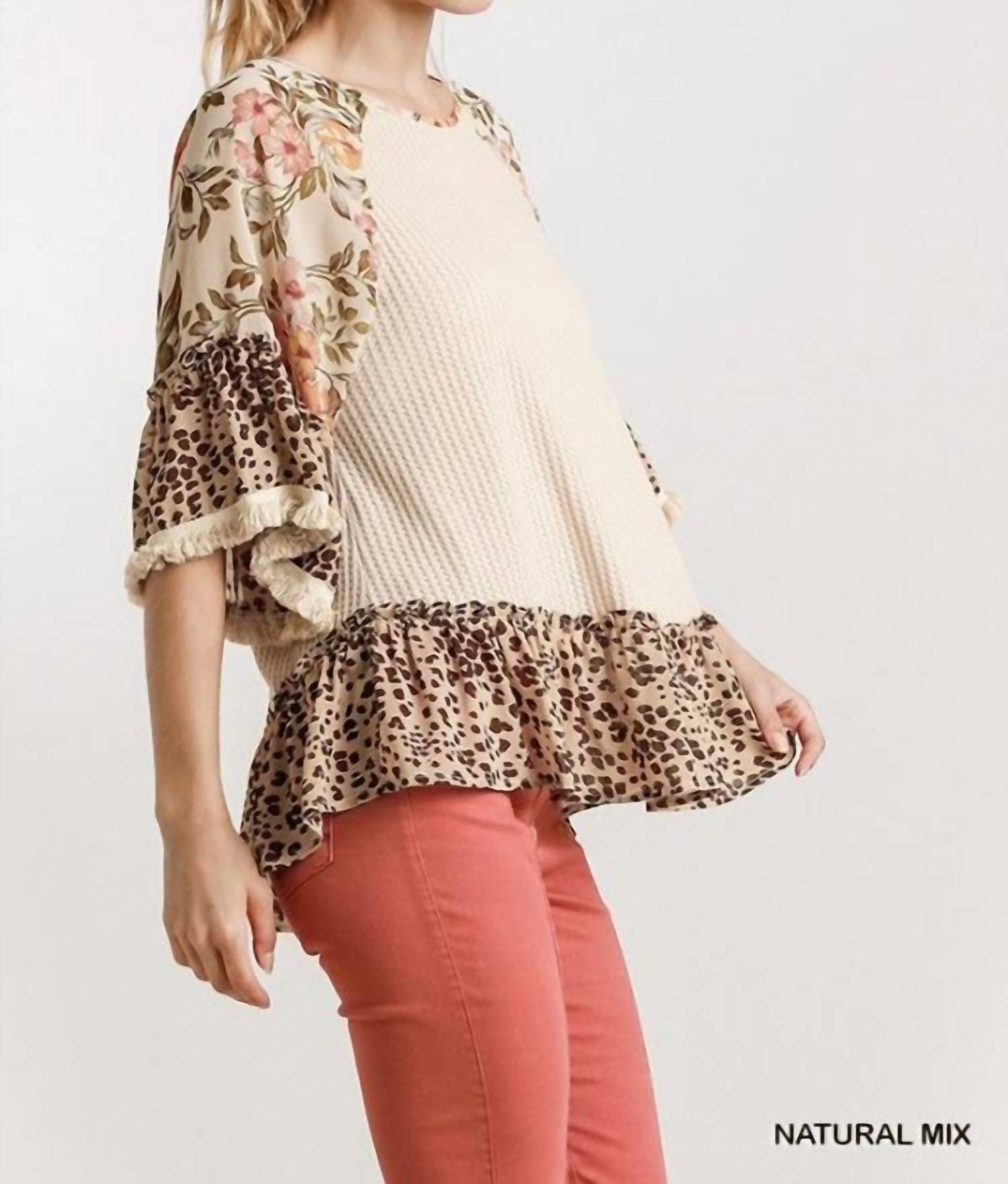 Umgee - Floral & Animal Waffle Knit Top