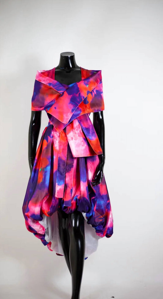 Samuel Dong - Women's Print Duppioni High-low Bubble Dress With Shawl
