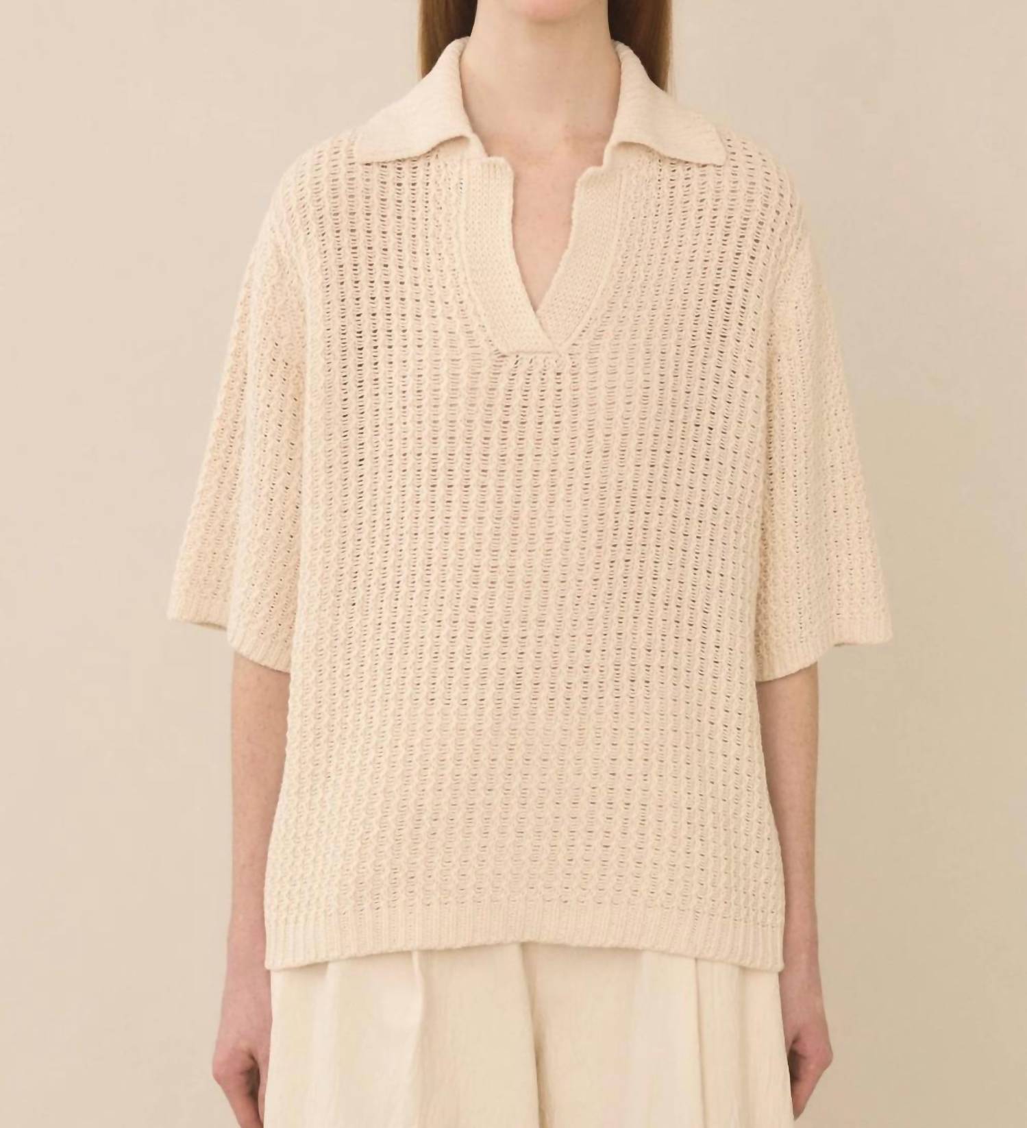 LAUREN MANOOGIAN Rack Knit Polo Shirt in ivory - women's top