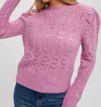 BluIvy Puff Sleeve Pointelle Pullover in rose - women's sweater - detail view