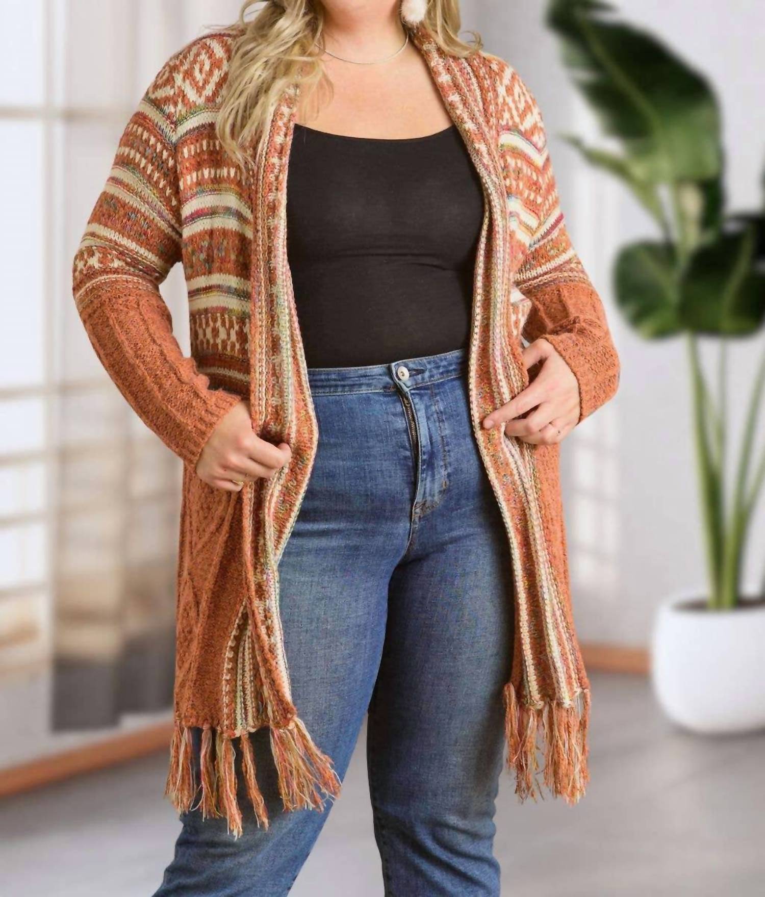 Adora - Maya Fringe Hem Aztec Cardigan -plus