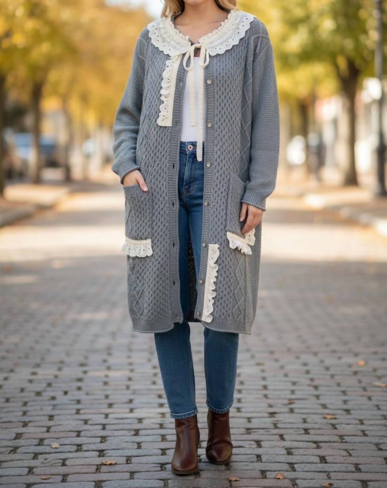 Pol - Long Lace Detailed Oversize Cardigan