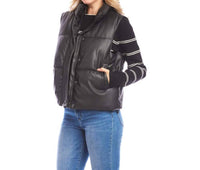 Karen Kane Faux Leather Quilted Puffer Vest in black - women's jacket - detail view