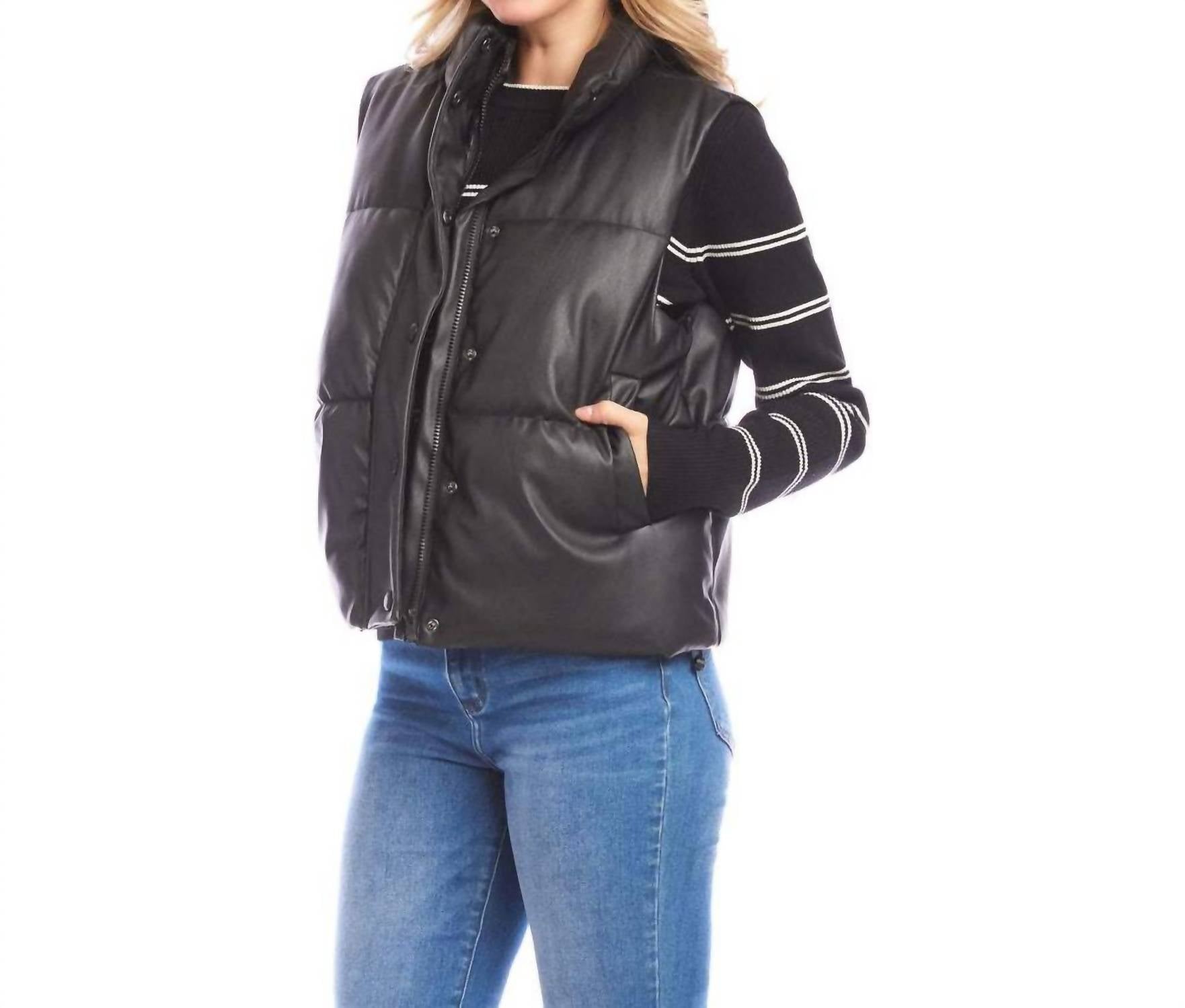 Karen Kane Faux Leather Quilted Puffer Vest in black - women's jacket - detail view