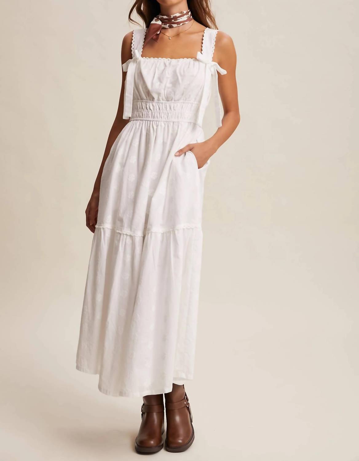 Listicle - Embroidered Tie-Strap Tiered Maxi Dress